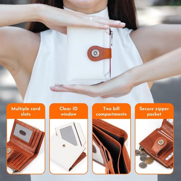 Women RFID Blocking Leather Bifold Wallet Compact Card Holder Zipper Coin Beige - Picture 2 of 7